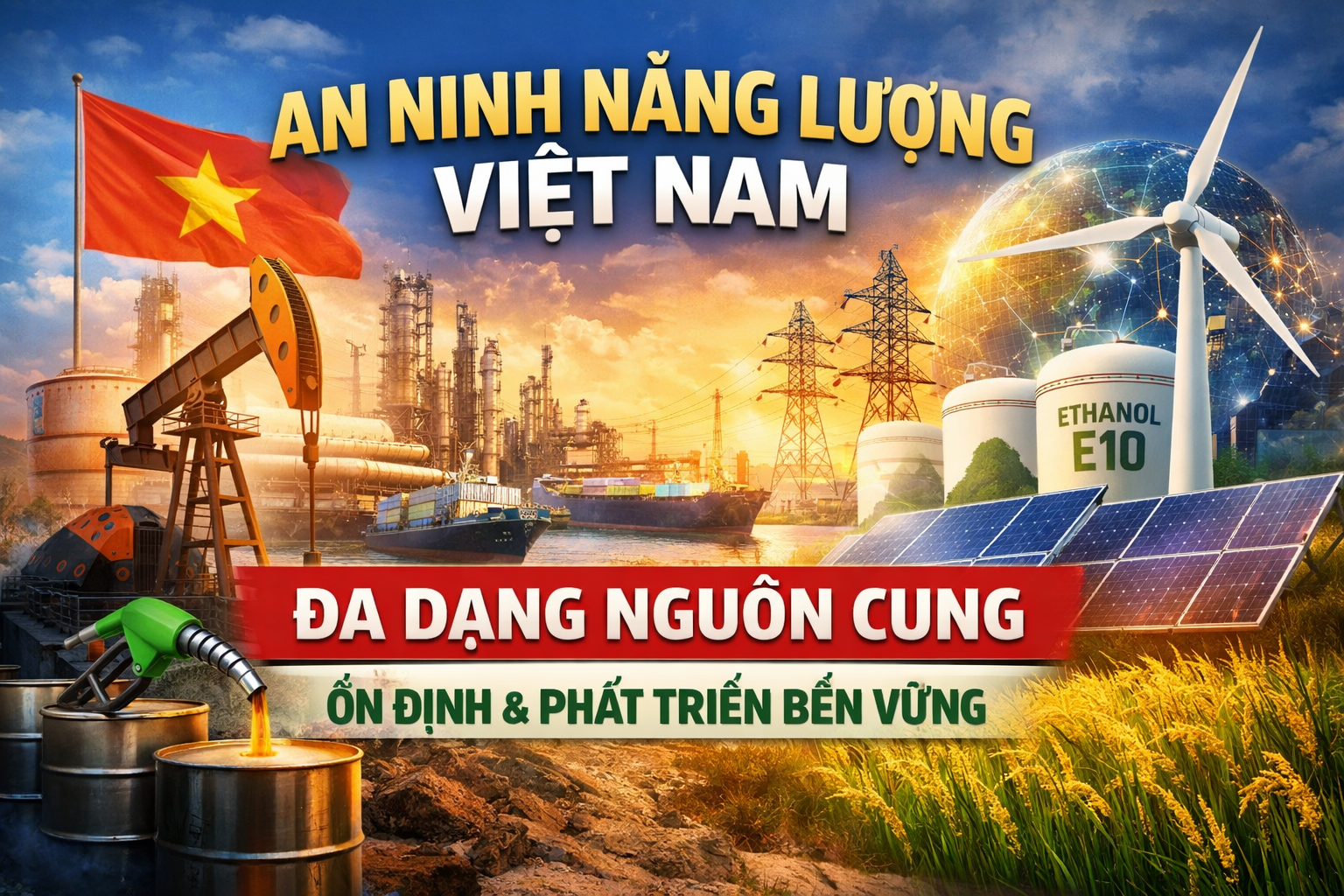 An ninh năng lượng Việt Nam với hình ảnh giàn khoan dầu, nhà máy lọc dầu, tàu vận tải, điện gió, điện mặt trời và xăng sinh học E10 thể hiện đa dạng nguồn cung năng lượng