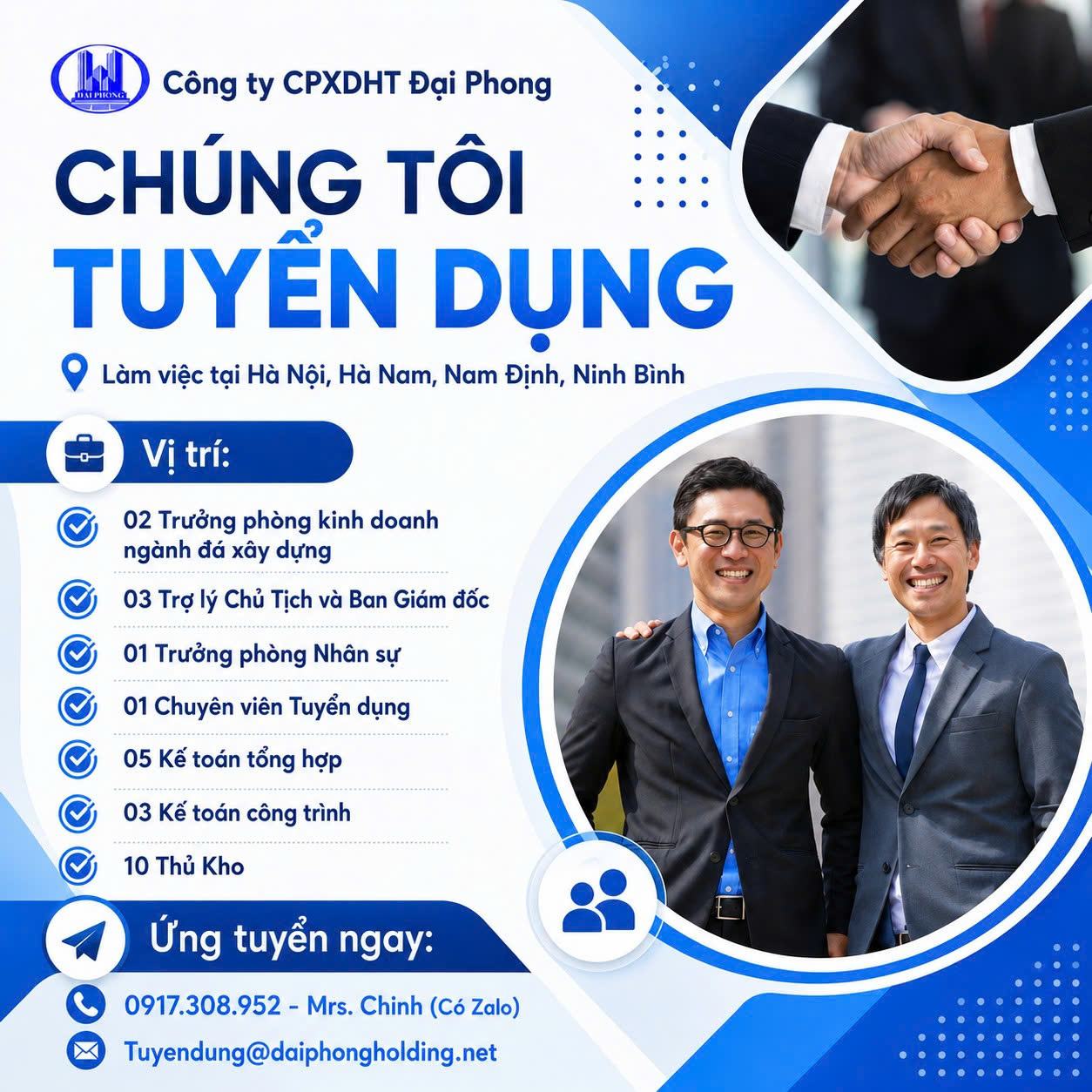 Công ty Đại Phong đang mở rộng hoạt động và cần tuyển dụng nhiều vị trí làm việc ổn định, môi trường chuyên nghiệp.